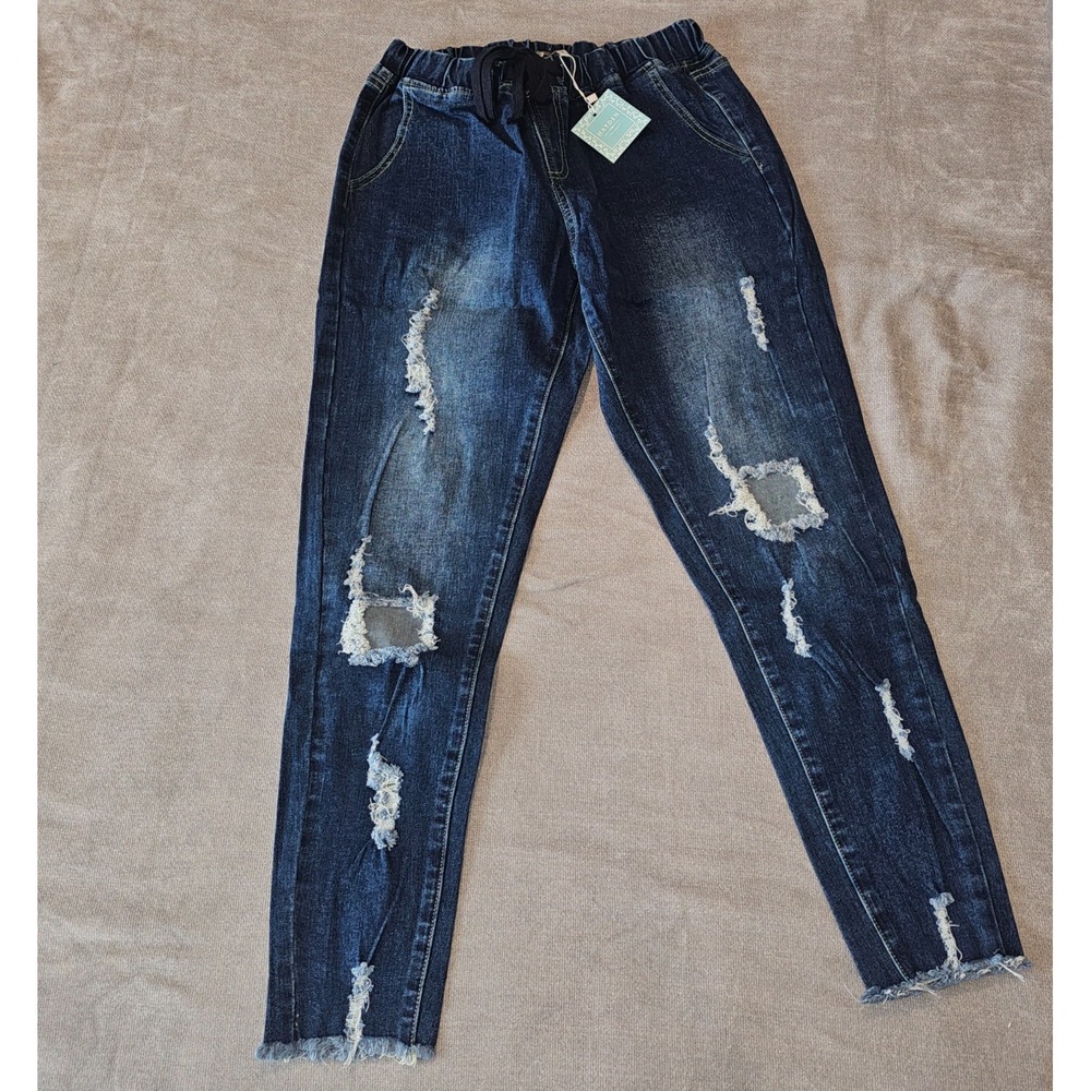 Hayden LA Distressed Drawstring Denim Jeans Size Medium Mid Dark Denim NWT